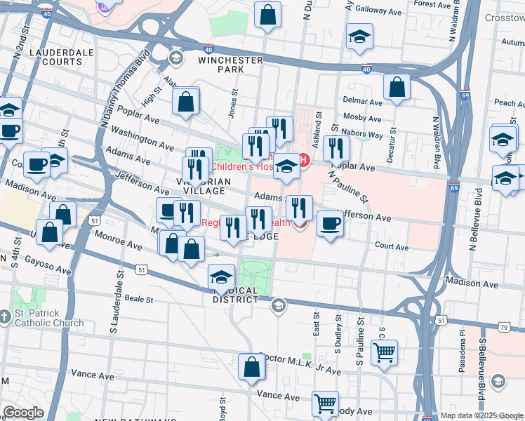 map of restaurants, bars, coffee shops, grocery stores, and more near 1701-1799 Adams Avenue in Memphis