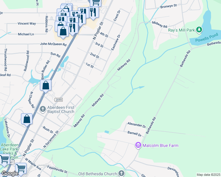map of restaurants, bars, coffee shops, grocery stores, and more near 372 Midway Road in Aberdeen