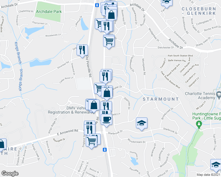 map of restaurants, bars, coffee shops, grocery stores, and more near 1323 Edgewater Drive in Charlotte