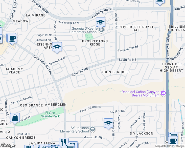 map of restaurants, bars, coffee shops, grocery stores, and more near 5419 Camino Montano Northeast in Albuquerque