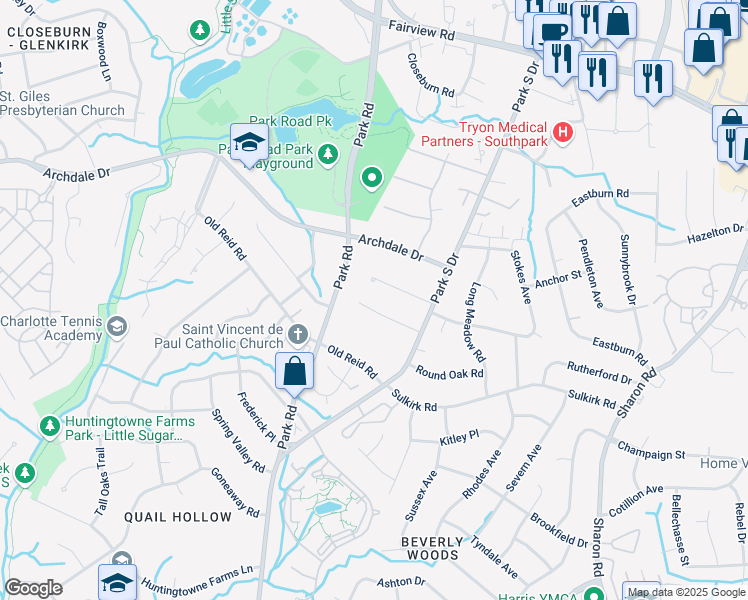 map of restaurants, bars, coffee shops, grocery stores, and more near 4647 Harper Court in Charlotte