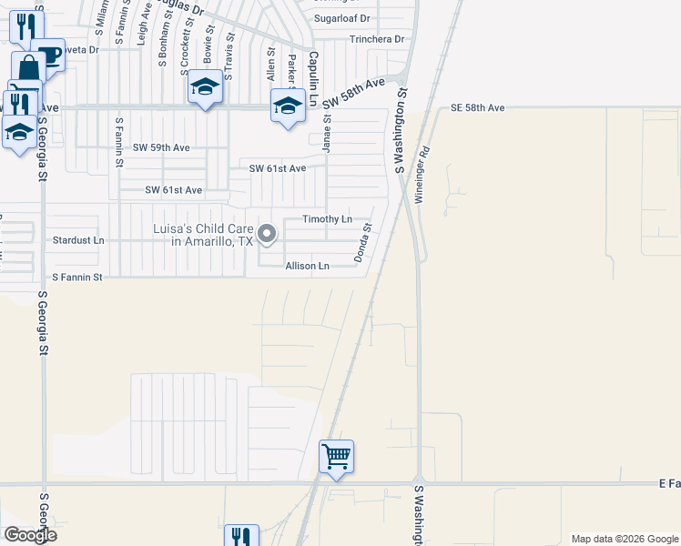 map of restaurants, bars, coffee shops, grocery stores, and more near 1400 Allison Lane in Amarillo