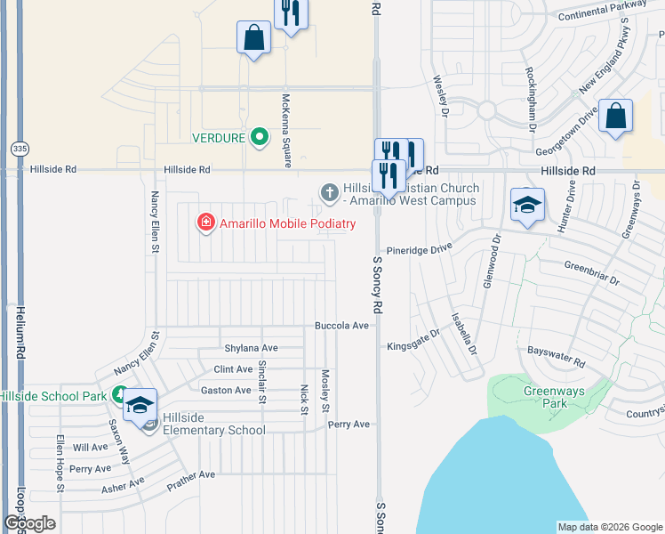 map of restaurants, bars, coffee shops, grocery stores, and more near 6401 Nick St in Amarillo