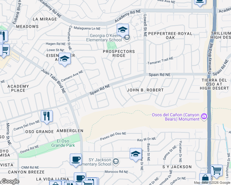 map of restaurants, bars, coffee shops, grocery stores, and more near 5419 Camino Montano Northeast in Albuquerque