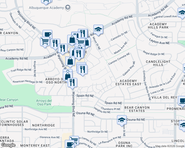 map of restaurants, bars, coffee shops, grocery stores, and more near 5604 Fulton Court Northeast in Albuquerque