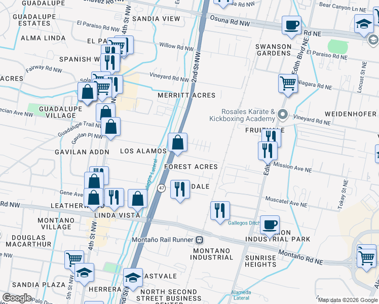 map of restaurants, bars, coffee shops, grocery stores, and more near 141 La Plata Road Northwest in Albuquerque