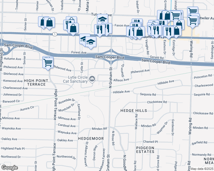 map of restaurants, bars, coffee shops, grocery stores, and more near 430 North Graham Street in Memphis