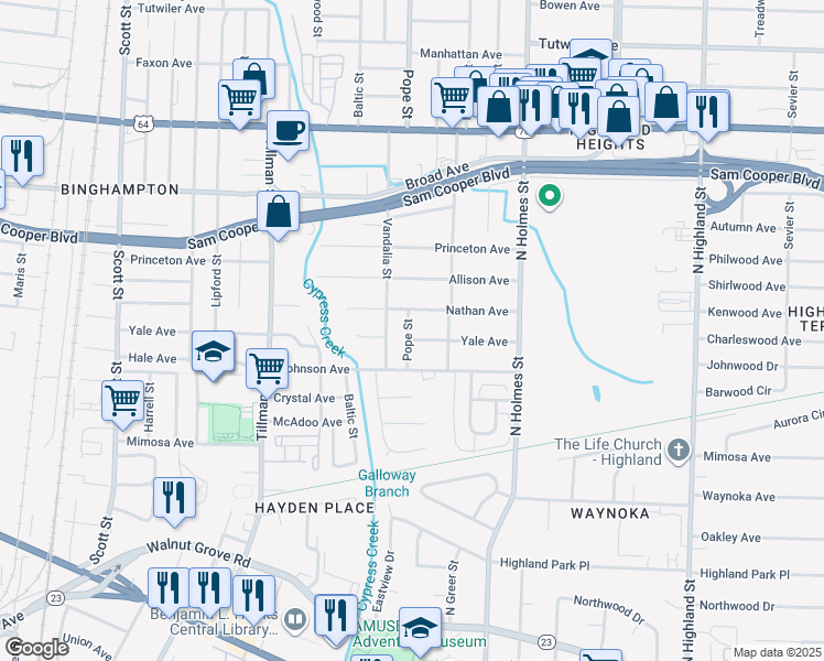 map of restaurants, bars, coffee shops, grocery stores, and more near 3141 Nathan Avenue in Memphis