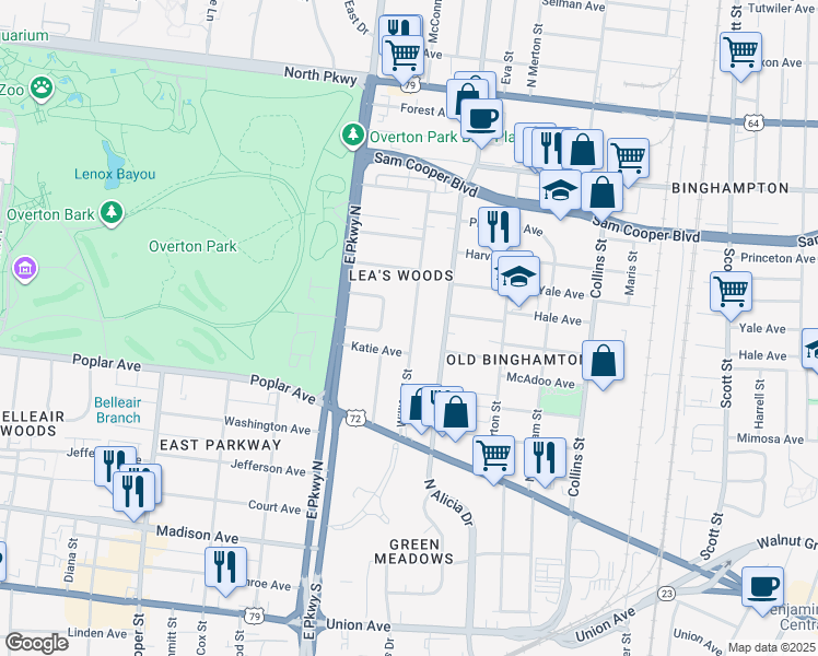 map of restaurants, bars, coffee shops, grocery stores, and more near 282 East Strathmore Circle in Memphis