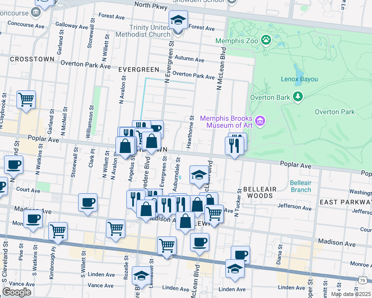 map of restaurants, bars, coffee shops, grocery stores, and more near 207 Hawthorne Street in Memphis