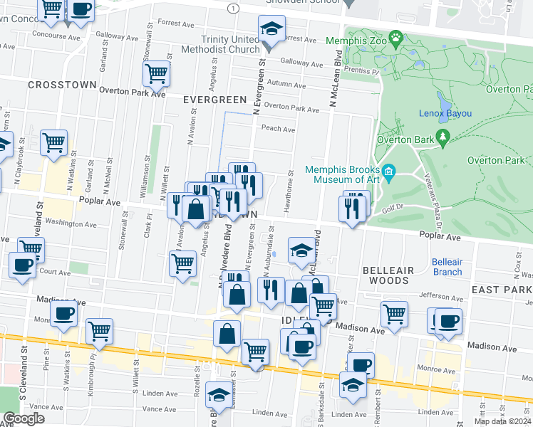 map of restaurants, bars, coffee shops, grocery stores, and more near 207 Hawthorne Street in Memphis