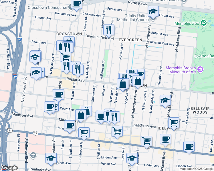 map of restaurants, bars, coffee shops, grocery stores, and more near 1548 Poplar Avenue in Memphis