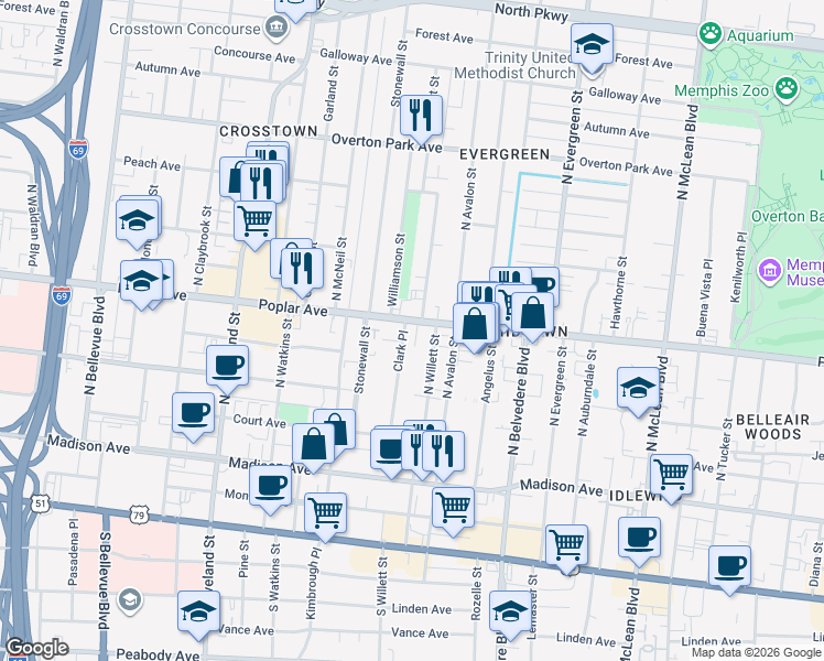 map of restaurants, bars, coffee shops, grocery stores, and more near 1548 Poplar Avenue in Memphis