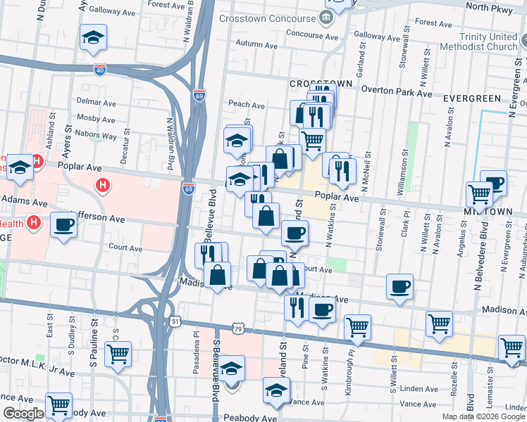 map of restaurants, bars, coffee shops, grocery stores, and more near 1271 Poplar Avenue in Memphis
