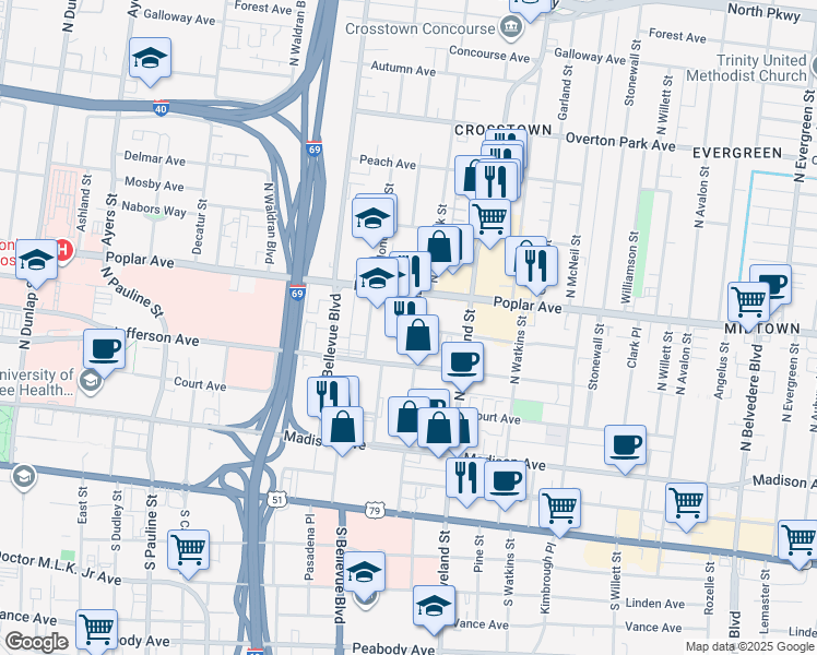 map of restaurants, bars, coffee shops, grocery stores, and more near 1271 Poplar Avenue in Memphis