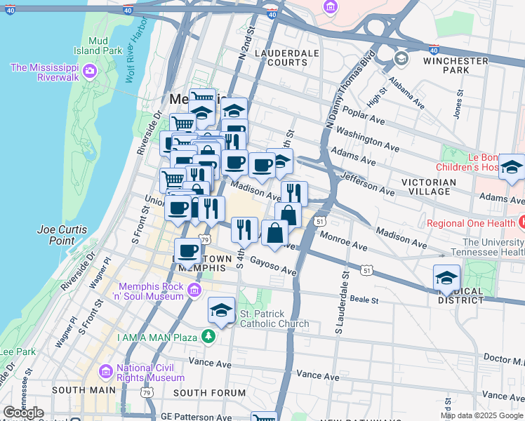 map of restaurants, bars, coffee shops, grocery stores, and more near 245 Madison Avenue in Memphis