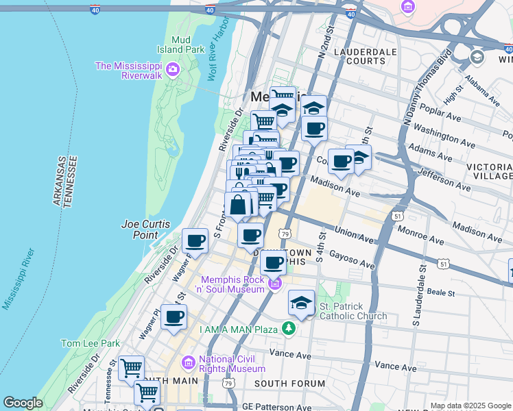 map of restaurants, bars, coffee shops, grocery stores, and more near 88 Union Avenue in Memphis