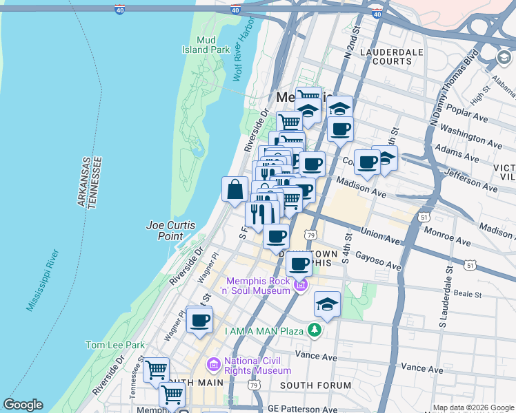 map of restaurants, bars, coffee shops, grocery stores, and more near 41 Union Avenue in Memphis