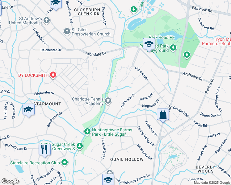 map of restaurants, bars, coffee shops, grocery stores, and more near 6108 Gray Gate Lane in Charlotte
