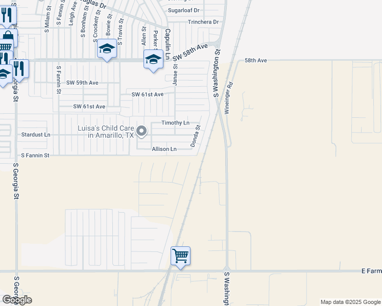 map of restaurants, bars, coffee shops, grocery stores, and more near 1401 Allison Lane in Amarillo