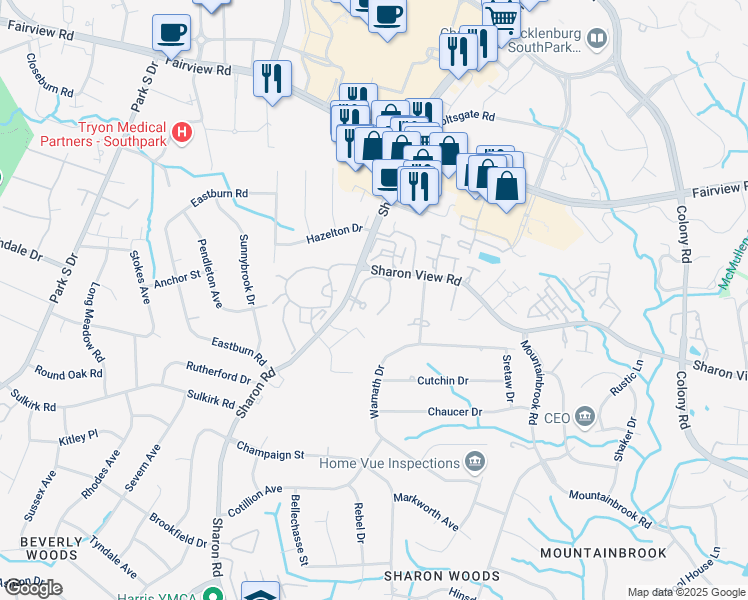 map of restaurants, bars, coffee shops, grocery stores, and more near 5003 Sharon Road in Charlotte