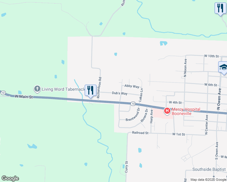 map of restaurants, bars, coffee shops, grocery stores, and more near 210 Dub's Way in Booneville