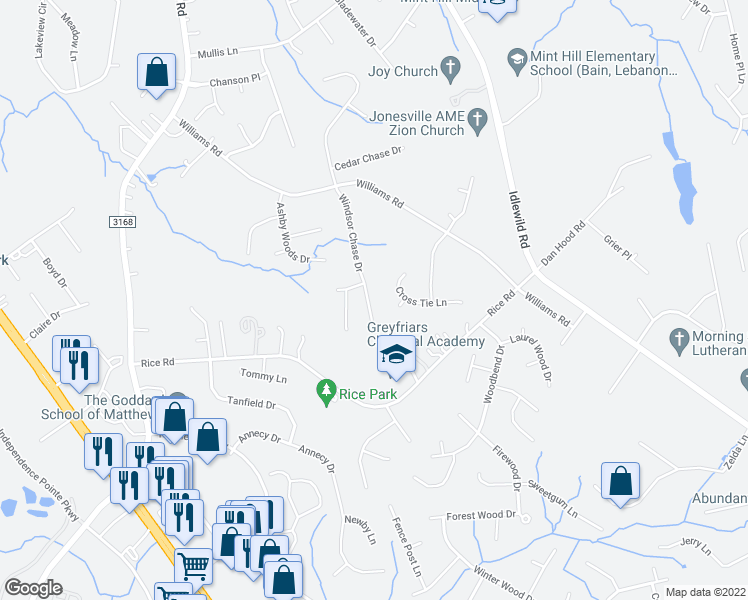 map of restaurants, bars, coffee shops, grocery stores, and more near 2442 Windsor Chase Drive in Matthews