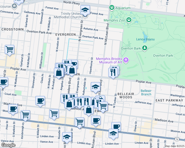 map of restaurants, bars, coffee shops, grocery stores, and more near 1806 Poplar Avenue in Memphis