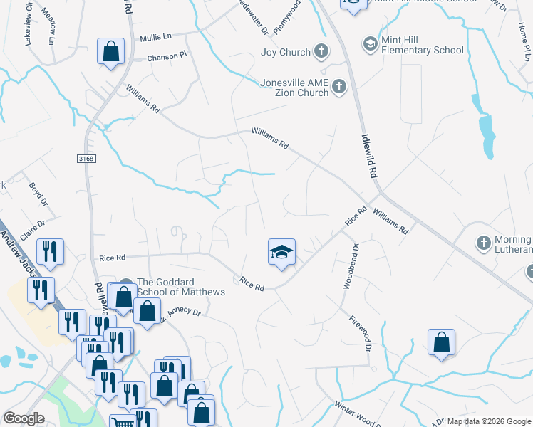 map of restaurants, bars, coffee shops, grocery stores, and more near 2454 Windsor Chase Drive in Matthews