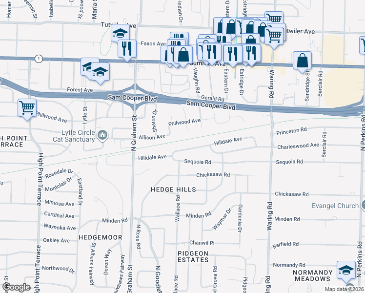 map of restaurants, bars, coffee shops, grocery stores, and more near 4128 Hilldale Avenue in Memphis