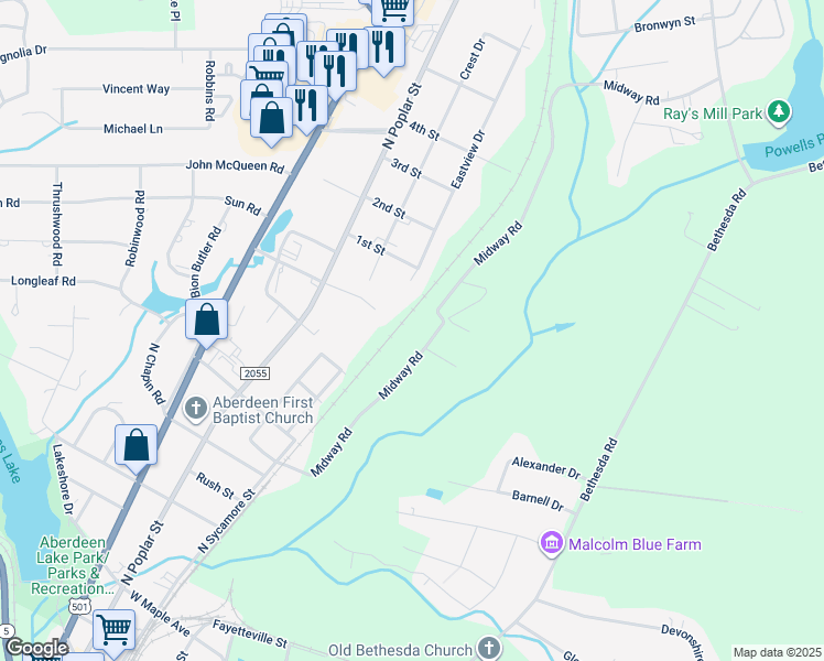 map of restaurants, bars, coffee shops, grocery stores, and more near 372 Midway Road in Aberdeen