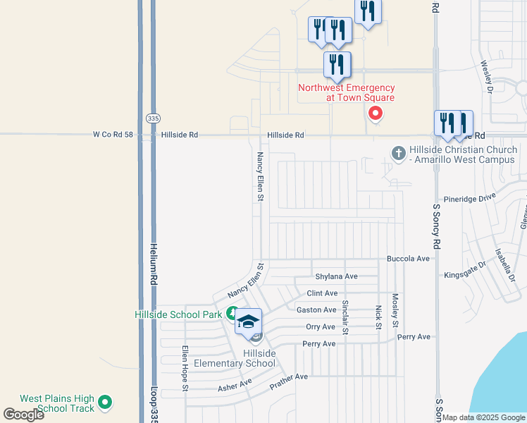 map of restaurants, bars, coffee shops, grocery stores, and more near 6325 Nancy Ellen Street in Amarillo