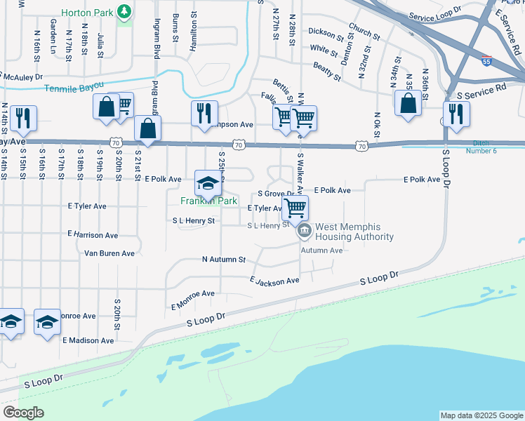 map of restaurants, bars, coffee shops, grocery stores, and more near 2706 South Grove Drive in West Memphis