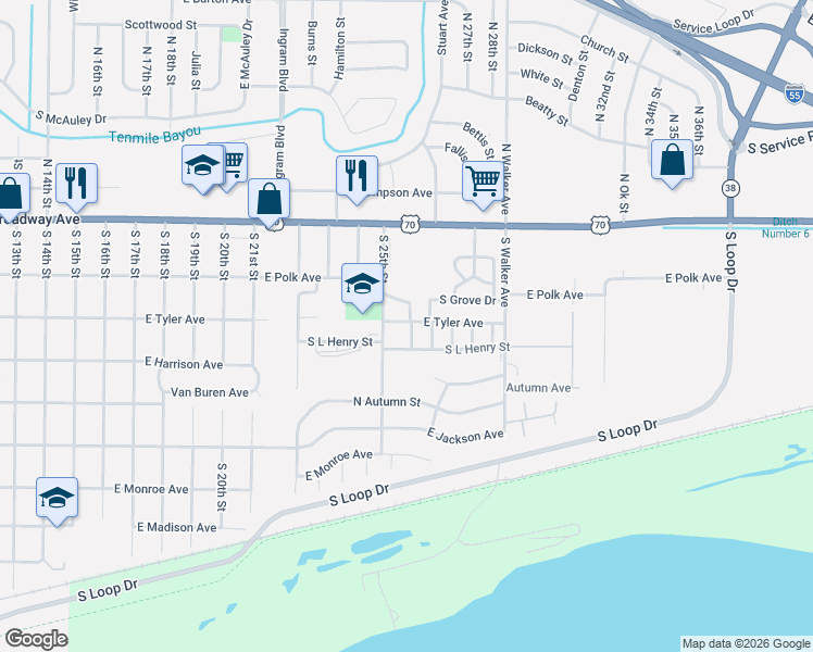 map of restaurants, bars, coffee shops, grocery stores, and more near 2528 Tyler Circle in West Memphis