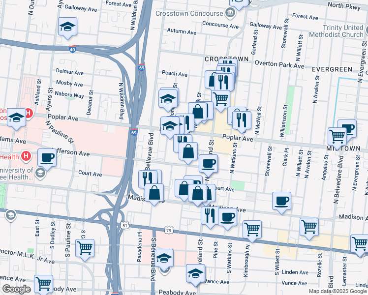 map of restaurants, bars, coffee shops, grocery stores, and more near 1271 Poplar Avenue in Memphis