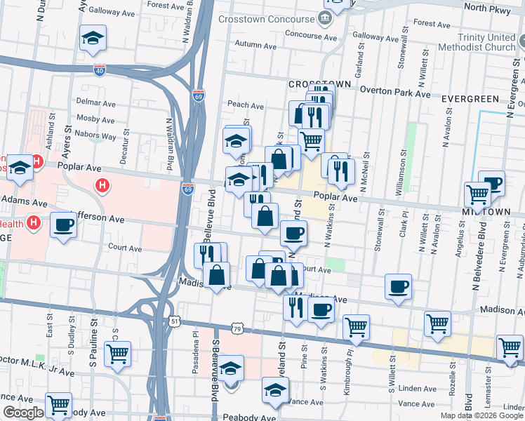 map of restaurants, bars, coffee shops, grocery stores, and more near 1271 Poplar Avenue in Memphis
