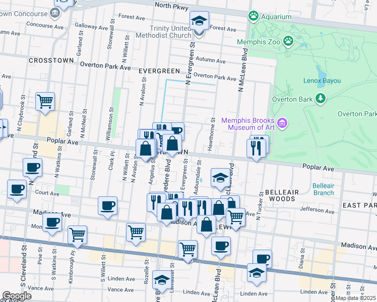 map of restaurants, bars, coffee shops, grocery stores, and more near 200 North Evergreen Street in Memphis