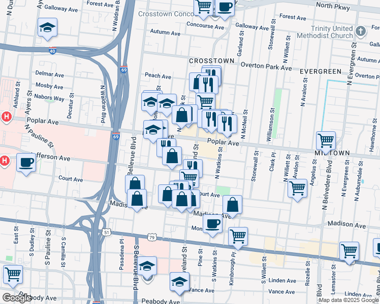 map of restaurants, bars, coffee shops, grocery stores, and more near 1321 Poplar Avenue in Memphis