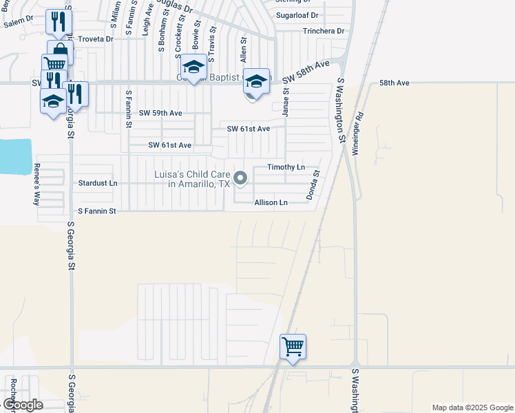map of restaurants, bars, coffee shops, grocery stores, and more near 1509 Allison Lane in Amarillo