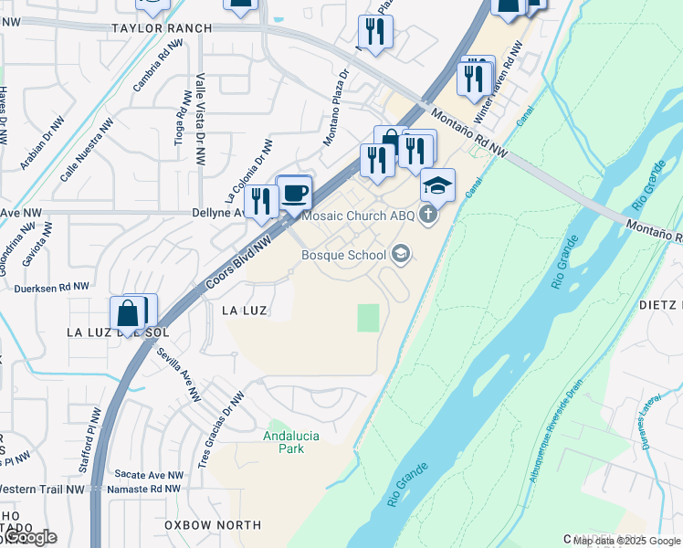 map of restaurants, bars, coffee shops, grocery stores, and more near 5300 Antequera Road Northwest in Albuquerque