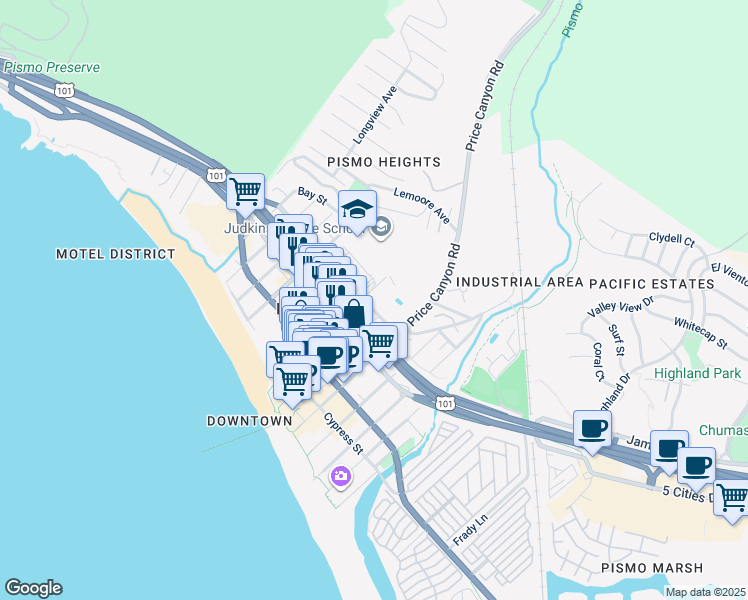 map of restaurants, bars, coffee shops, grocery stores, and more near 80 Main Street in Pismo Beach