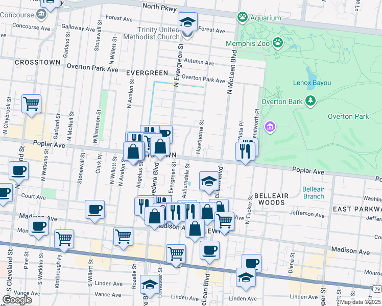 map of restaurants, bars, coffee shops, grocery stores, and more near 1770 Poplar Avenue in Memphis