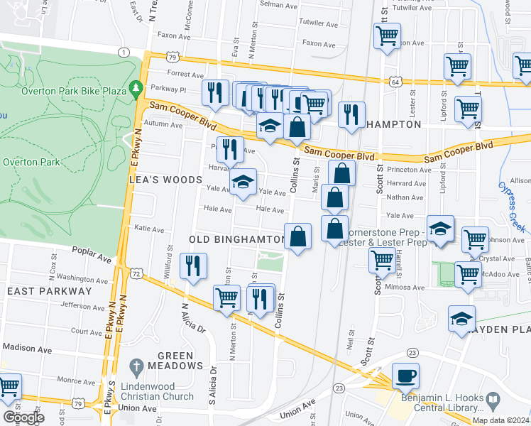 map of restaurants, bars, coffee shops, grocery stores, and more near 2579 Hale Avenue in Memphis