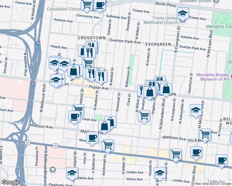 map of restaurants, bars, coffee shops, grocery stores, and more near 175 Stonewall Street in Memphis