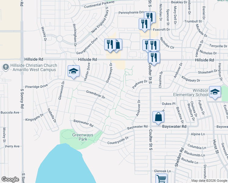 map of restaurants, bars, coffee shops, grocery stores, and more near 7705 Pebblebrook Dr in Amarillo