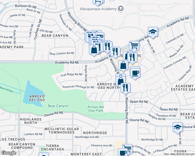 map of restaurants, bars, coffee shops, grocery stores, and more near 7905 Charger Trail Northeast in Albuquerque