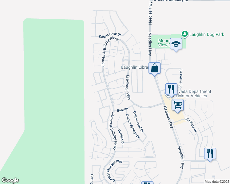 map of restaurants, bars, coffee shops, grocery stores, and more near 2211 Rugged Mesa Drive in Laughlin