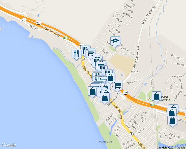 map of restaurants, bars, coffee shops, grocery stores, and more near 369 Wadsworth Avenue in Pismo Beach