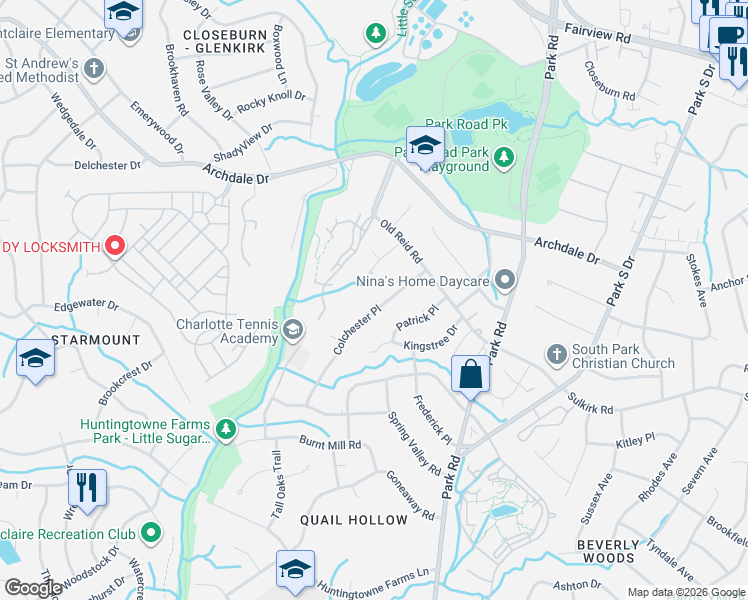 map of restaurants, bars, coffee shops, grocery stores, and more near 6021 Rexwood Place in Charlotte