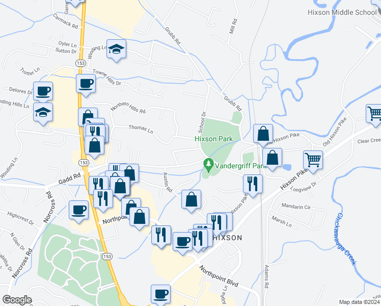 map of restaurants, bars, coffee shops, grocery stores, and more near 1340 Lynnhaven Circle in Chattanooga